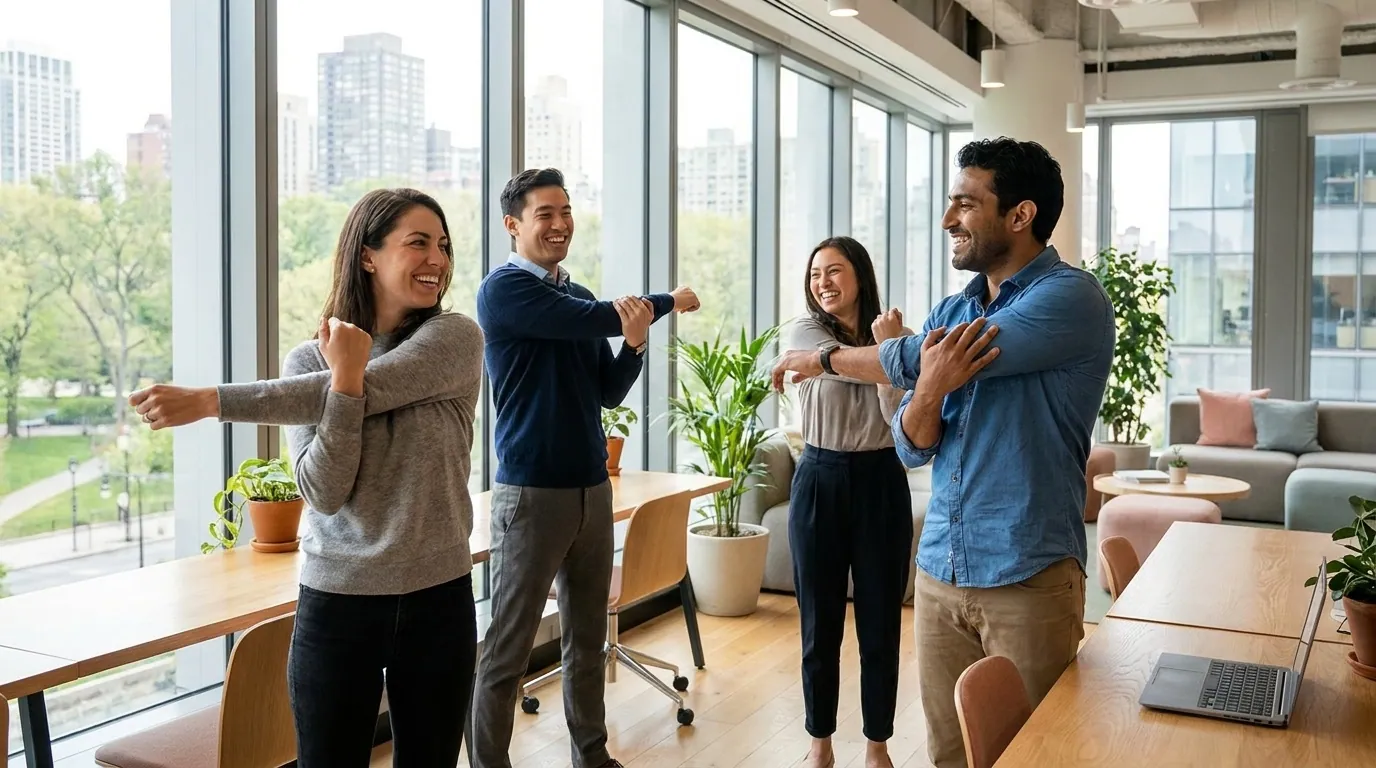 Kollegen machen eine kurze aktive Bewegungspause im Büro