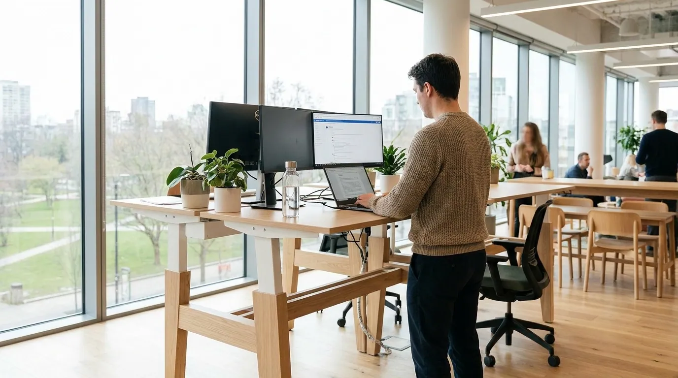 Person arbeitet im Stehen an einem höhenverstellbaren Schreibtisch