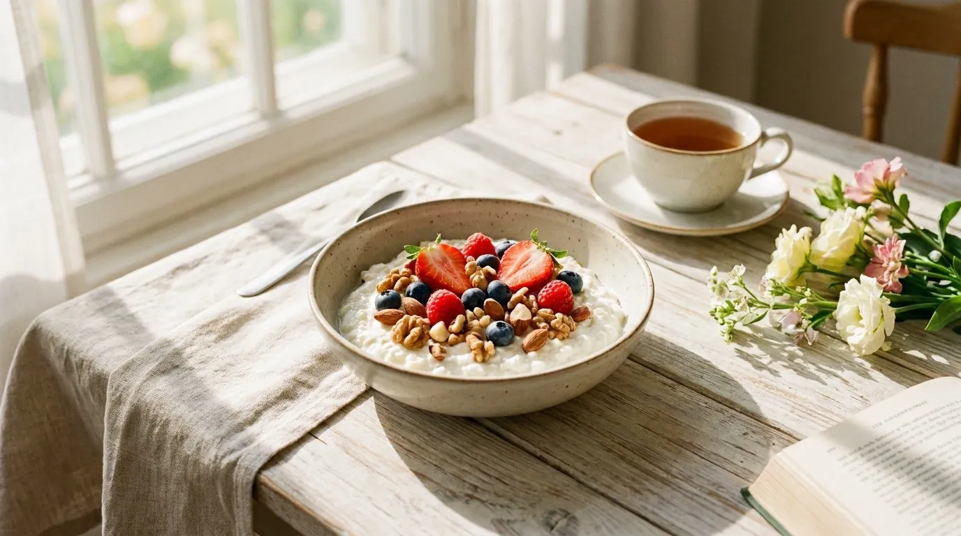 Schüssel Quark mit Beeren und Nüssen im Morgenlicht