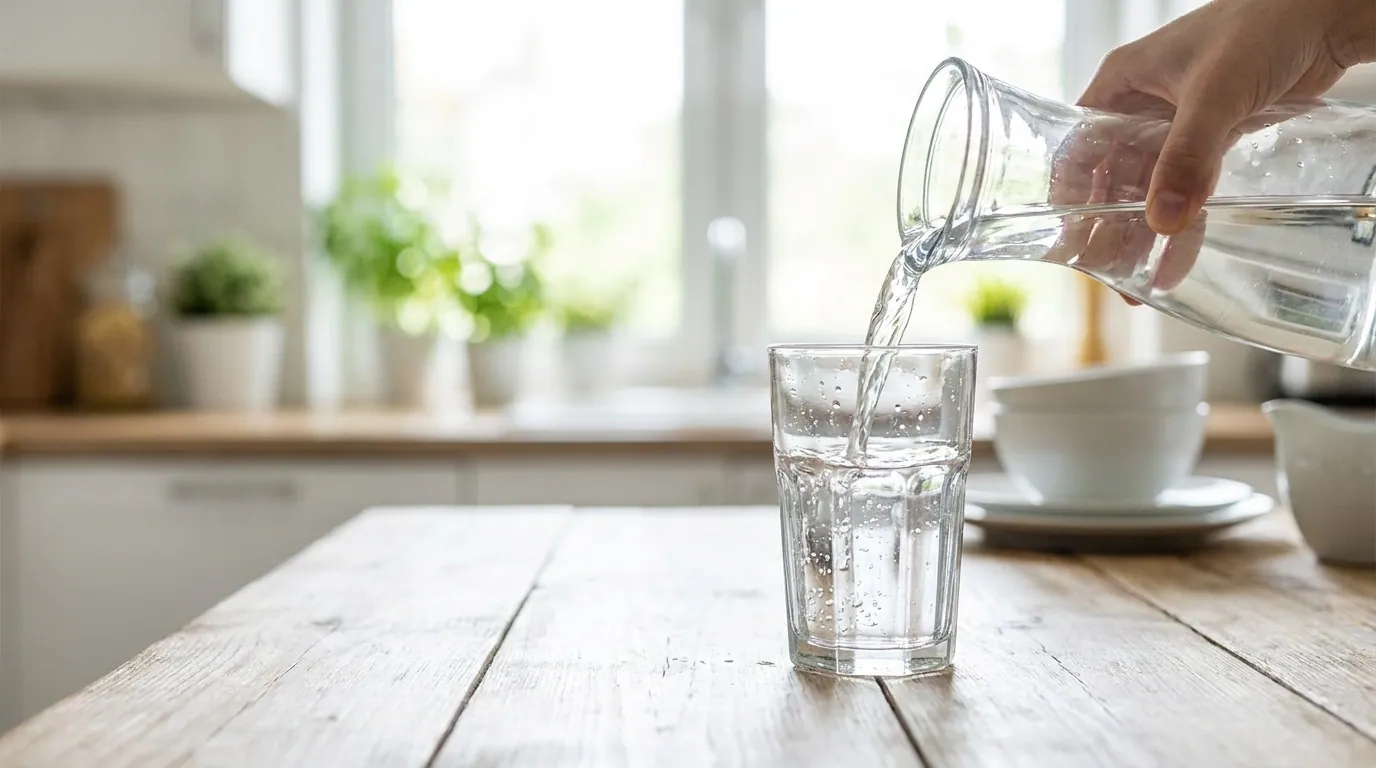 Frisches Wasser wird in ein Glas gegossen