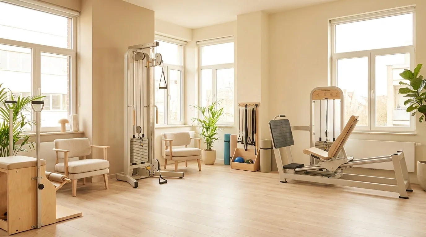Helle medizinische Trainingstherapie-Fläche mit Seilzug und Beinpresse