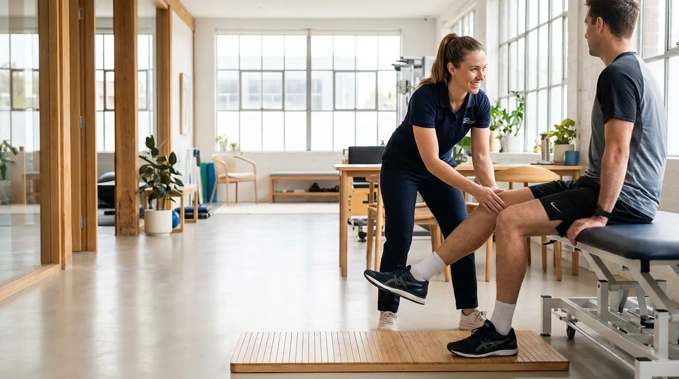 Person bei einer kontrollierten Knie- und Bein-Übung auf der Matte im hellen Reha-Studio