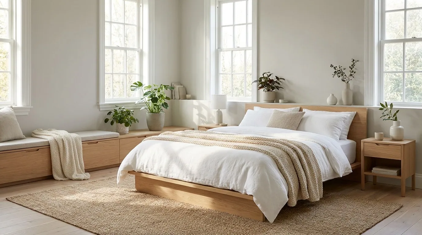 Helles, ruhiges Schlafzimmer im sanften Morgenlicht