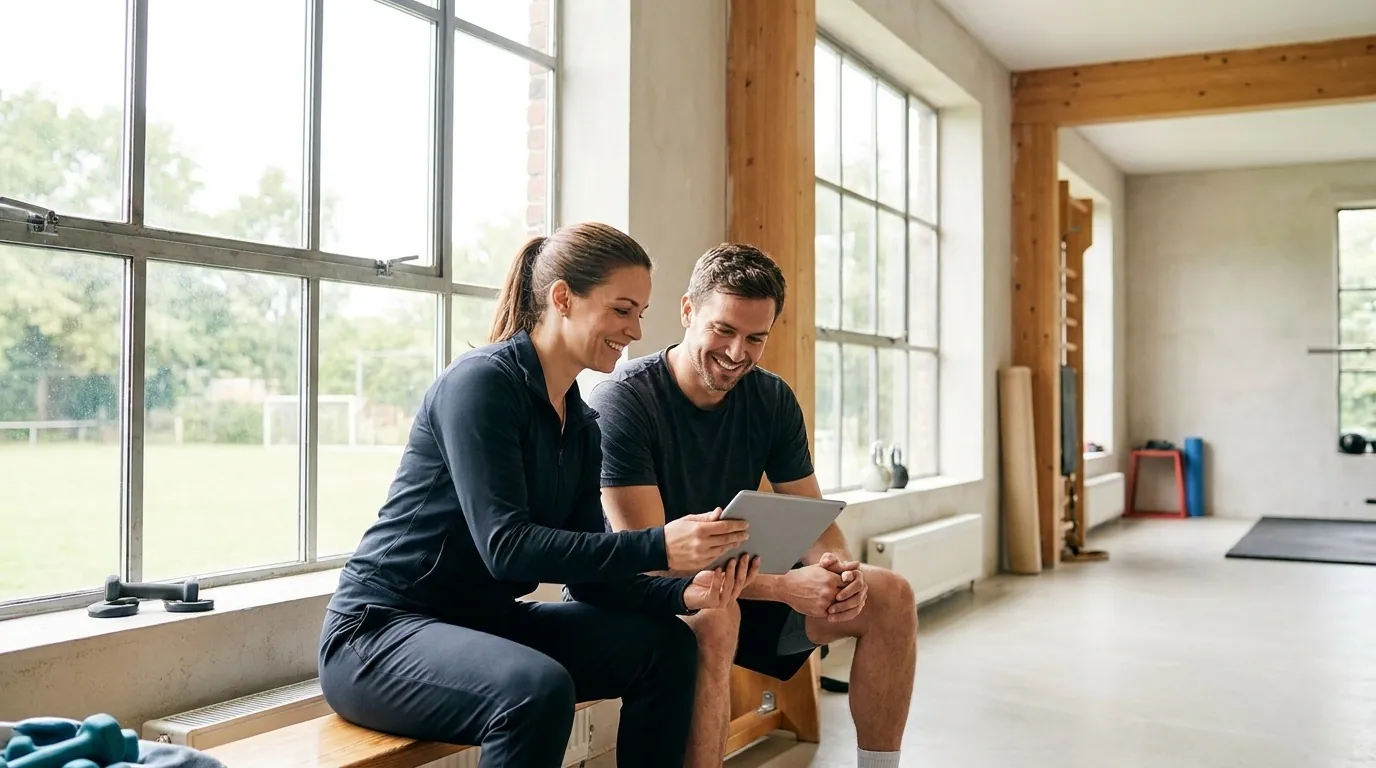 Training mit Coach, der den Fortschritt auf einem Tablet prüft